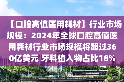 【口腔高值醫(yī)用耗材】行業(yè)市場規(guī)模：2024年全球口腔高值醫(yī)用耗材行業(yè)市場規(guī)模將超過360億美元 牙科植入物占比18%